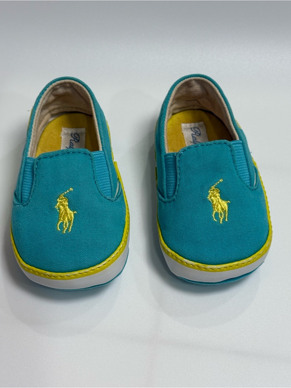 Polo by Ralph Lauren Teal Canvas Slip-On Sneakers with Yellow Logo Size 2 infant